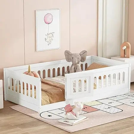 Twin Floor Bed With Slats In Solid Wood Guardrails And Door