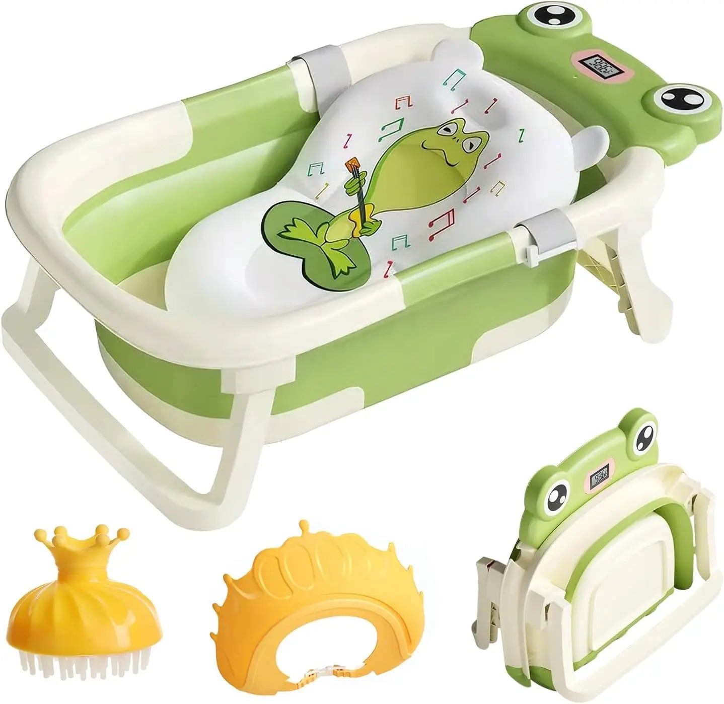 Baby Bath Tub with Bath Cushion Foldable Bathtub with Thermometer Shower Cap and Shower Brush for Newborn and Toddler 0 to 36 Months