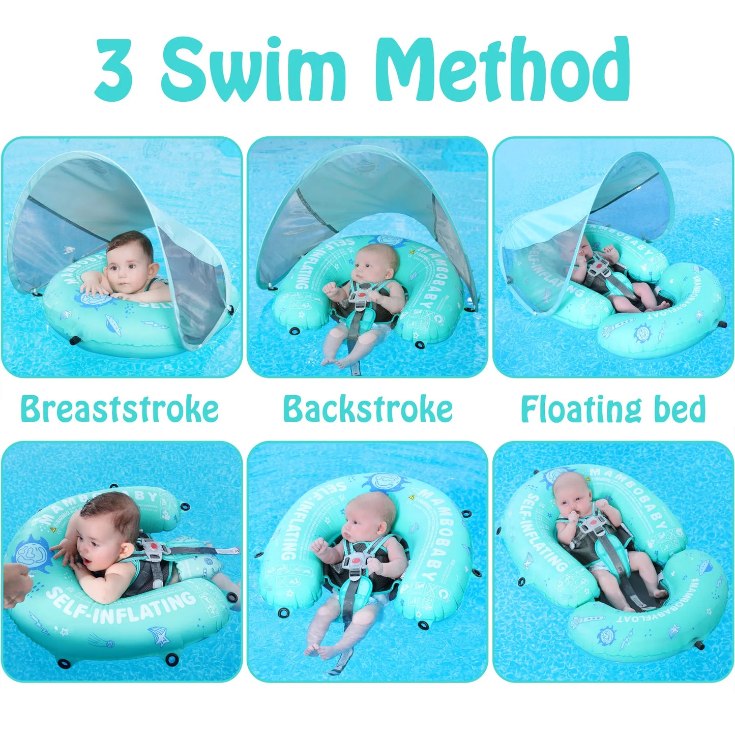 Heccrei Mambobaby Self Inflating Baby Swim Float with Canopy Compressible Folding Pool Float Waterproof Swim Trainer