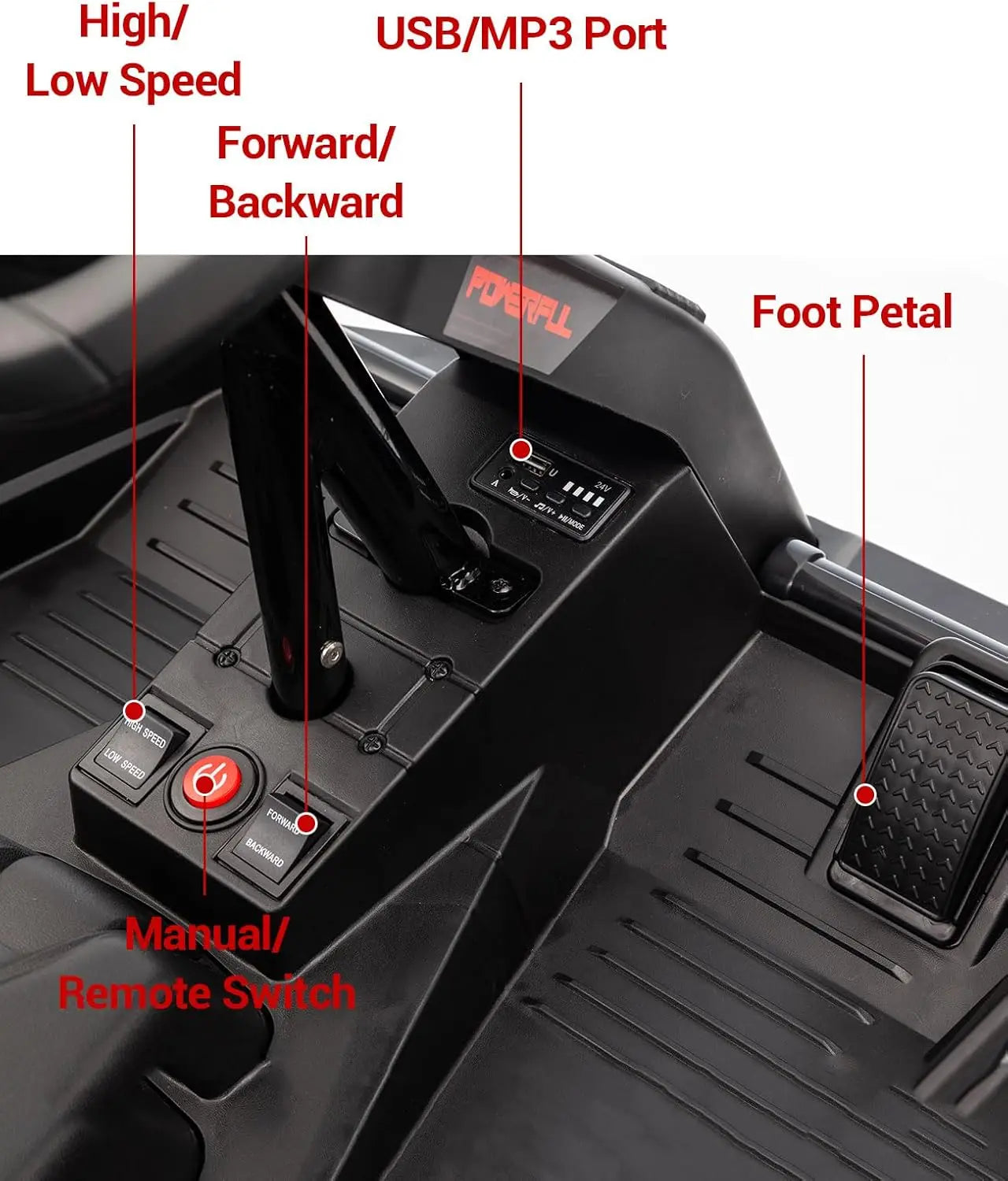 24V Ride On Truck Car Electric UTV Car with Remote Control 4 Shock Absorbers Safety Belt 16 Inch Wide Seat Music 4WD Power