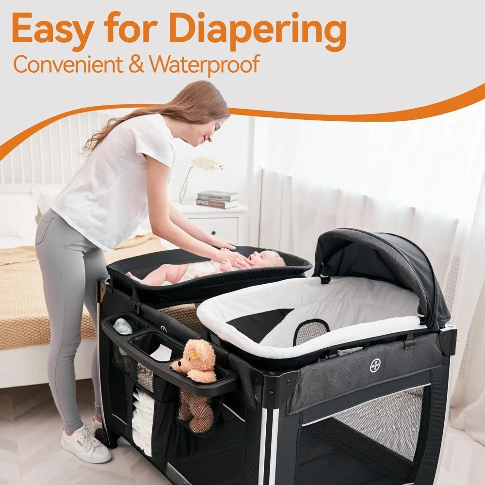Grey 4 In 1 Portable Baby Crib Deluxe Nursery Center