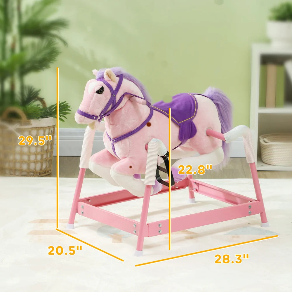 Spring Rocking Horse Plush Ride On For Kids Pink Toy