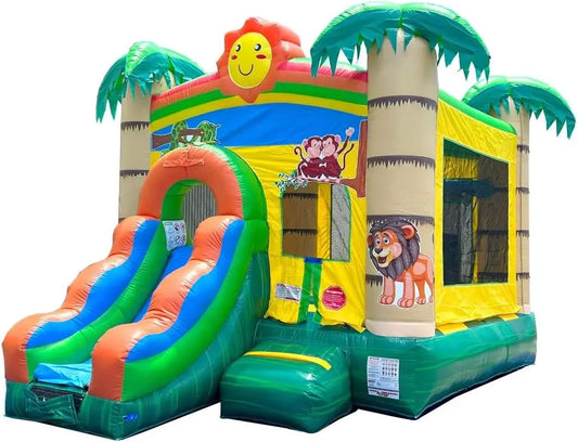Inflatable Bounce House with Slide for Kids 12 x 12 x 18 Foot Backyard Tropical Jungle Castle Smiley Face Combo Bouncer