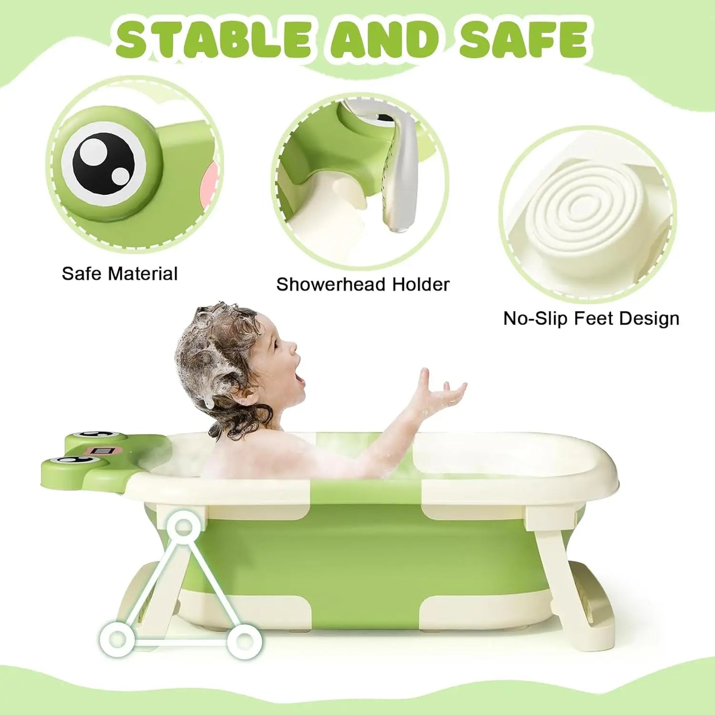 Baby Bath Tub with Bath Cushion Foldable Bathtub with Thermometer Shower Cap and Shower Brush for Newborn and Toddler 0 to 36 Months