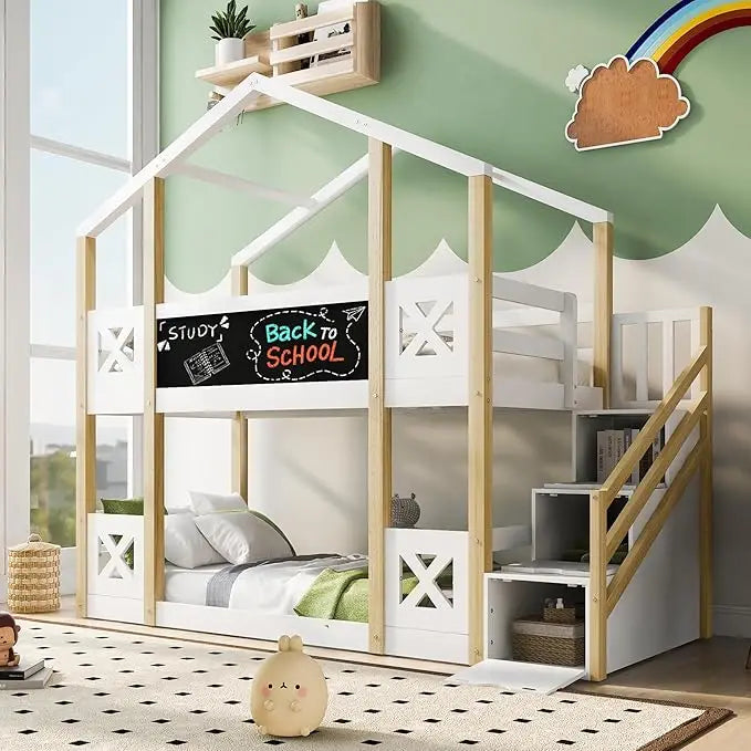 Twin Over Twin Bunk Bed With Drawers Storage Box Shelf Wood
