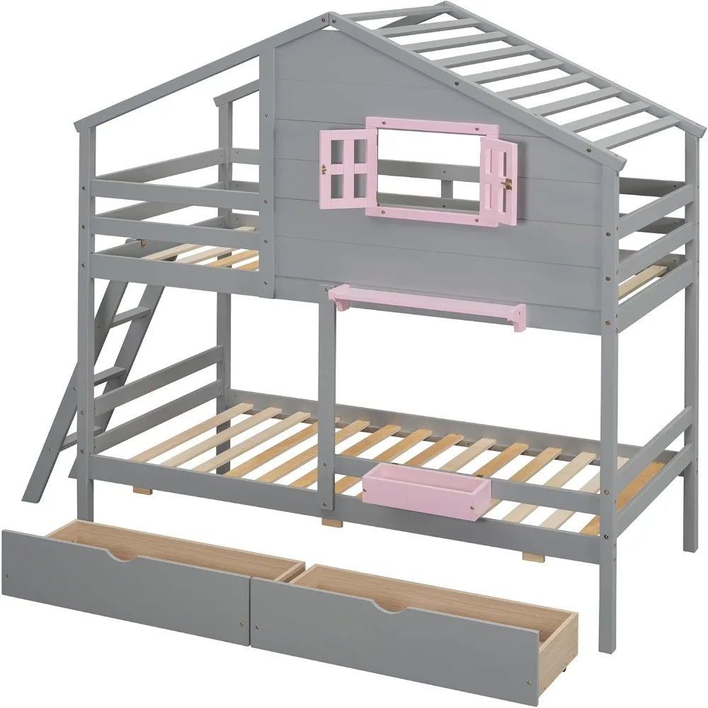 Twin Over Twin Bunk Bed With Drawers Storage Box Shelf Wood