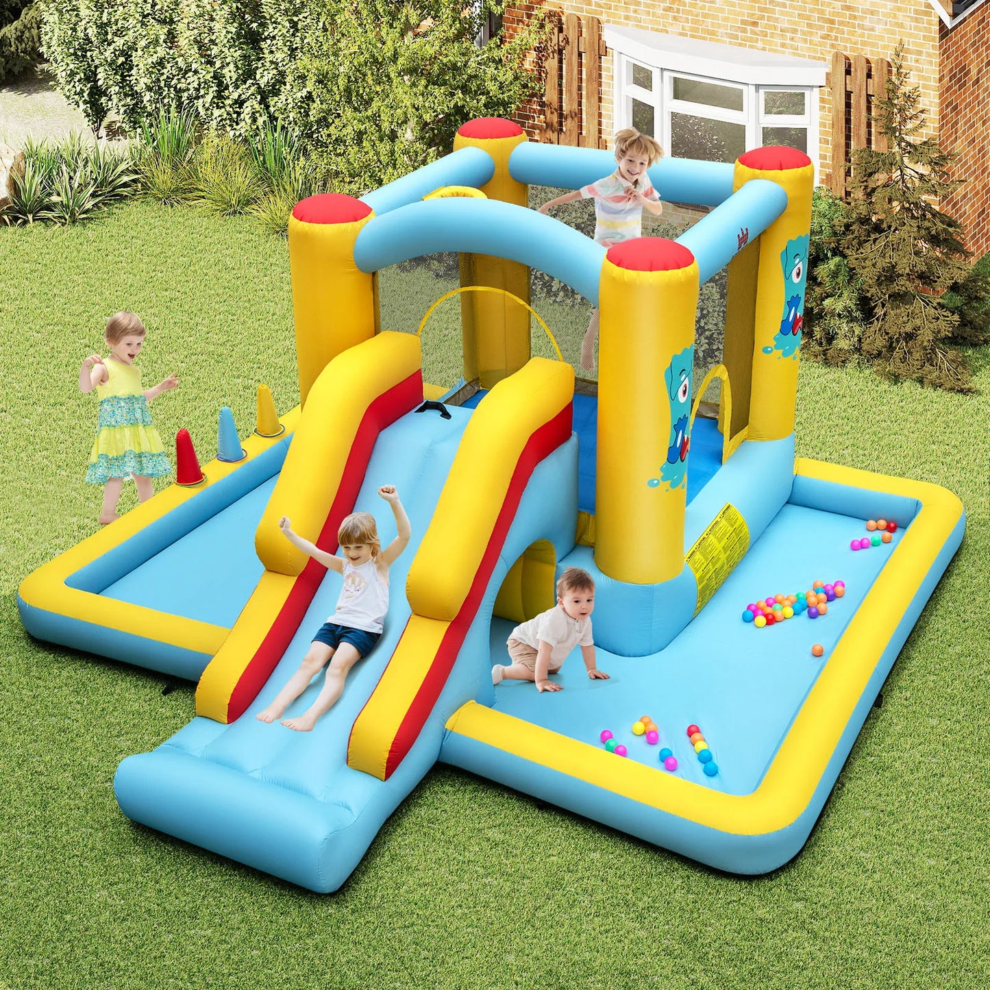 7-in-1 Giant Inflatable Bounce House with Slide Tunnel Basketball Hoop and Ring Toss Game