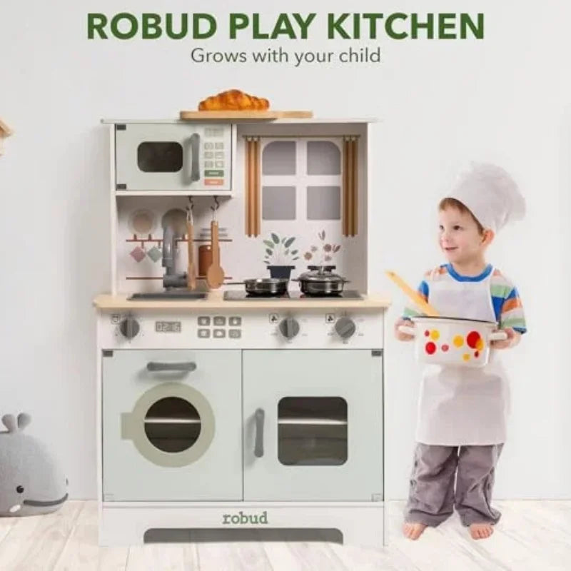 Robotime Robud Wooden Play Kitchen Set with Lights and Sounds for Kids Ages 3 Plus Light Green