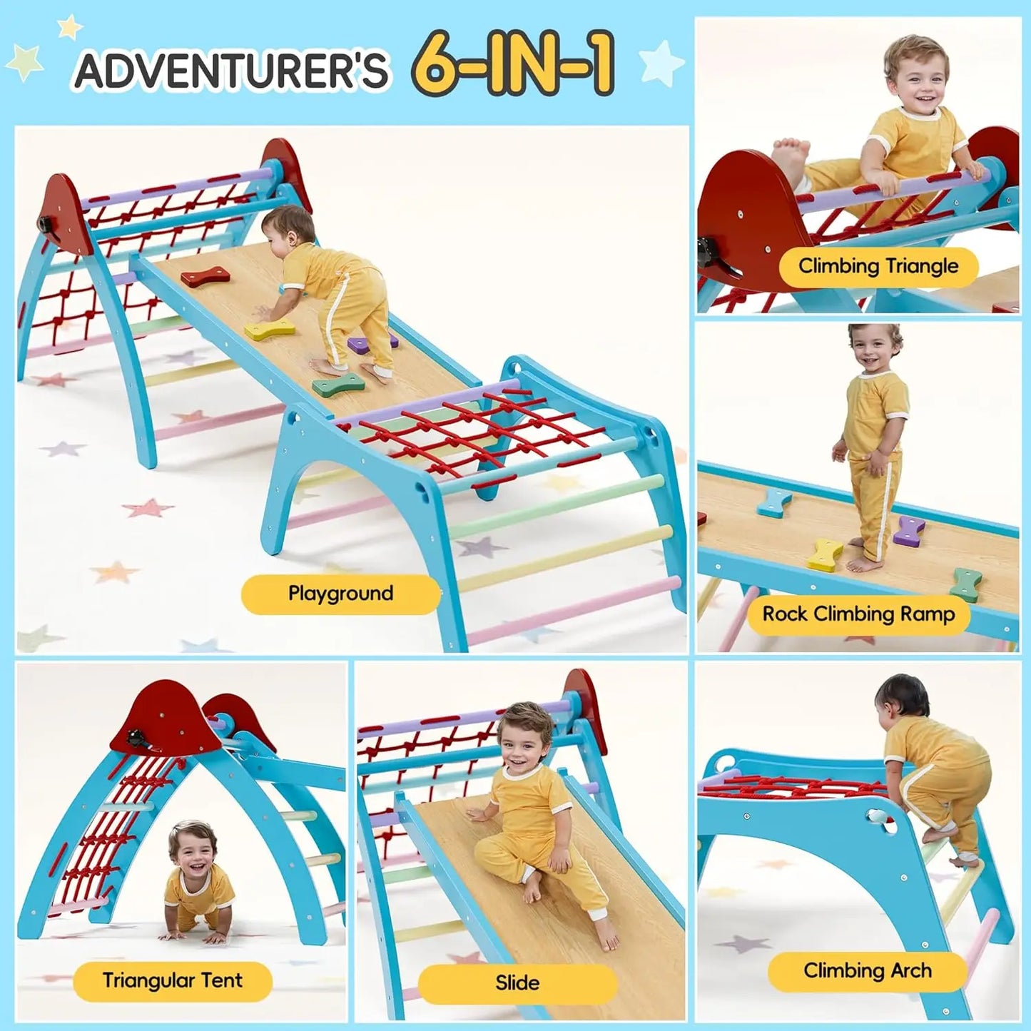 Pikler Triangular Set Foldable Wooden Climbing Gym Indoor Playground 6 in 1 Pikler Triangle for Toddlers