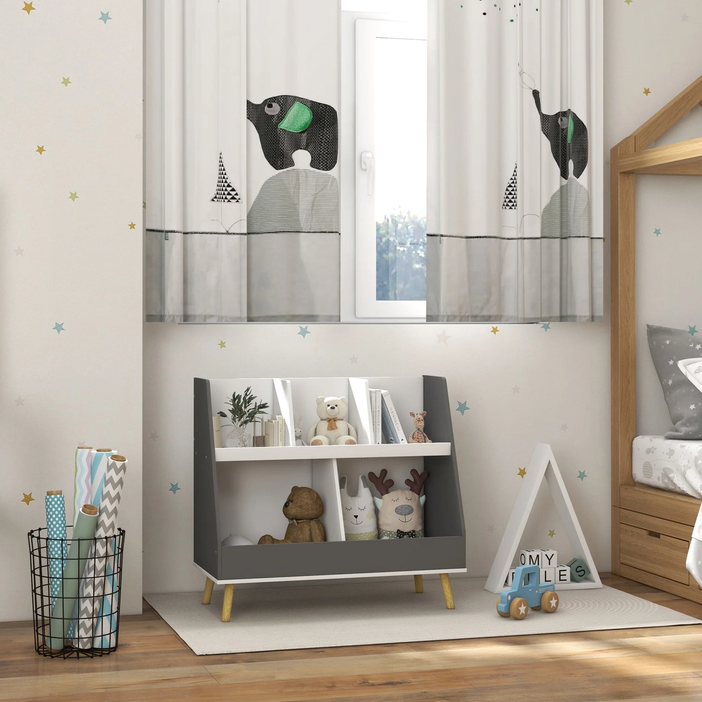 2 Tier Kids Bookcase Toy Shelf with 5 Compartments Gray