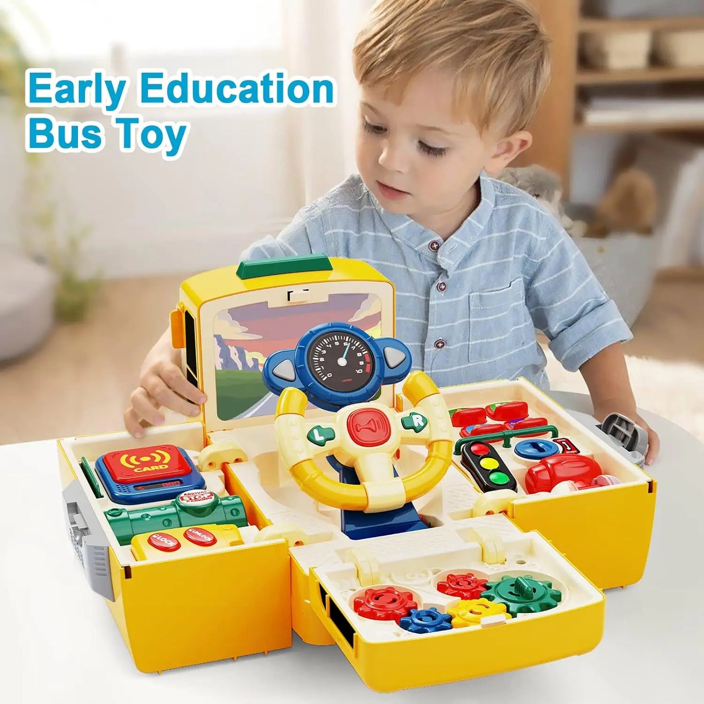 Toddlers Simulate School Bus Toy with Sound and Light Simulation Steering Wheel Driving Toy Music Education Gift for Ages 3 to 5 Years