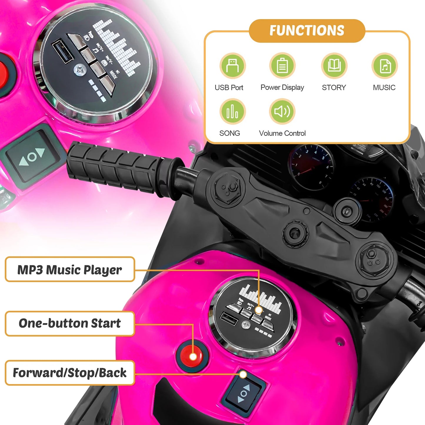 Kids 12V Electric Three Wheel Ride On Motorcycle With LED