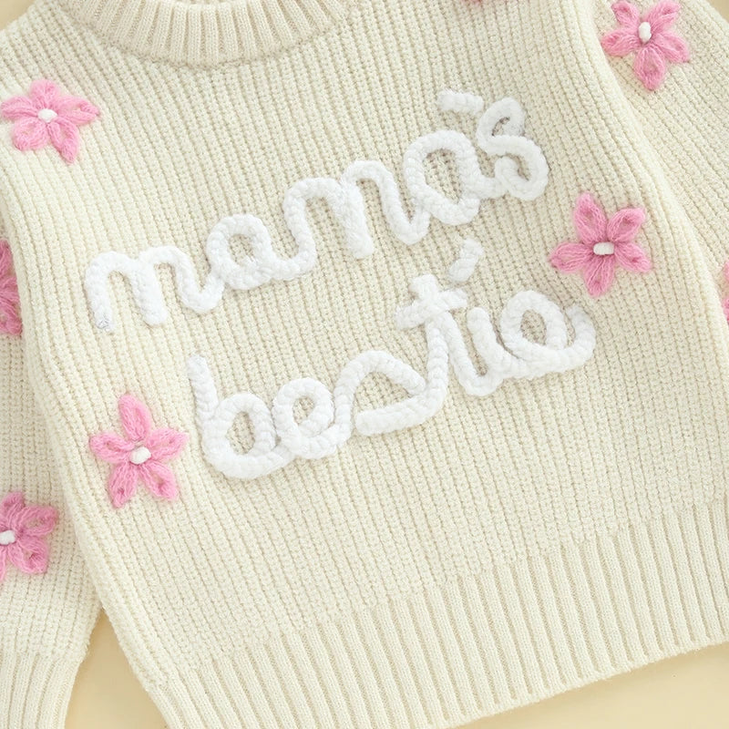 Cute Baby Girls Knit Sweater Floral Embroidery Cozy Sleeves