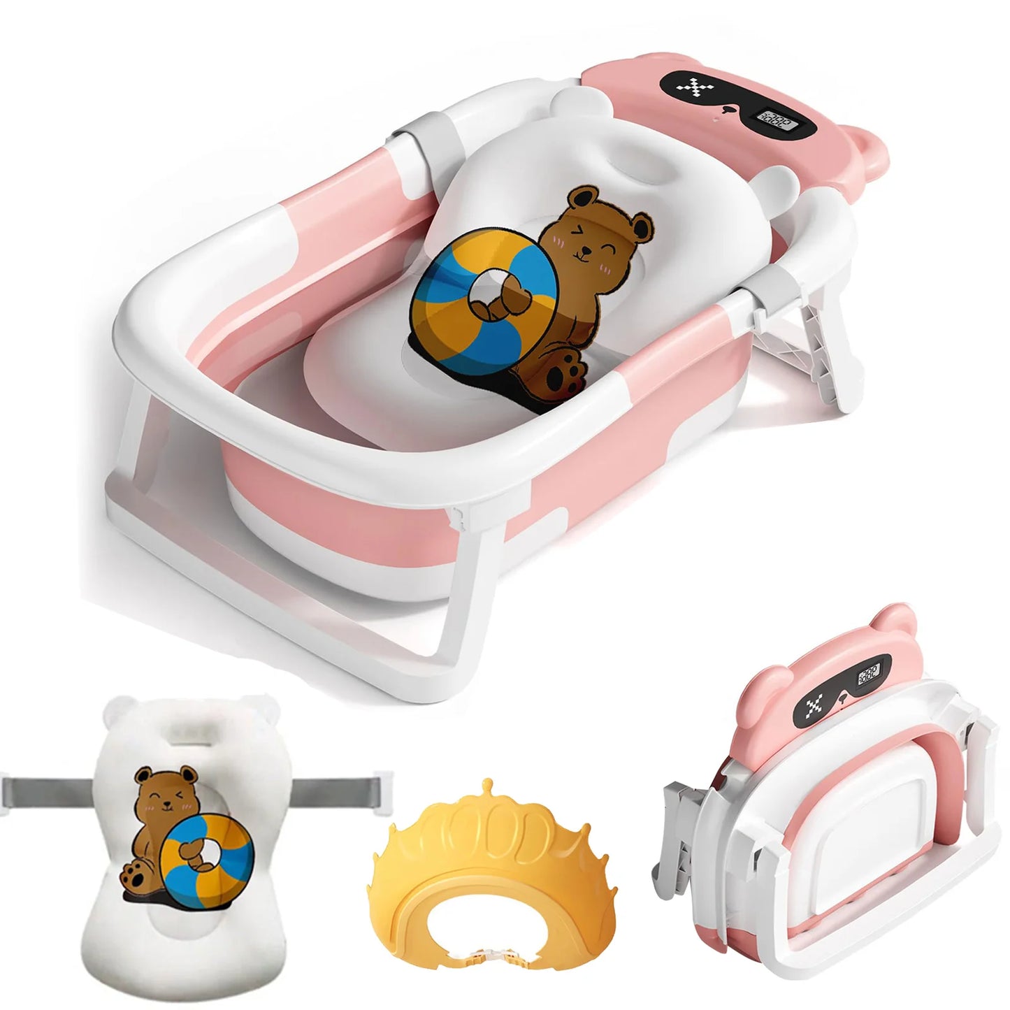 Baby Bath Tub with Bath Cushion Foldable Bathtub with Thermometer Shower Cap and Shower Brush for Newborn and Toddler 0 to 36 Months