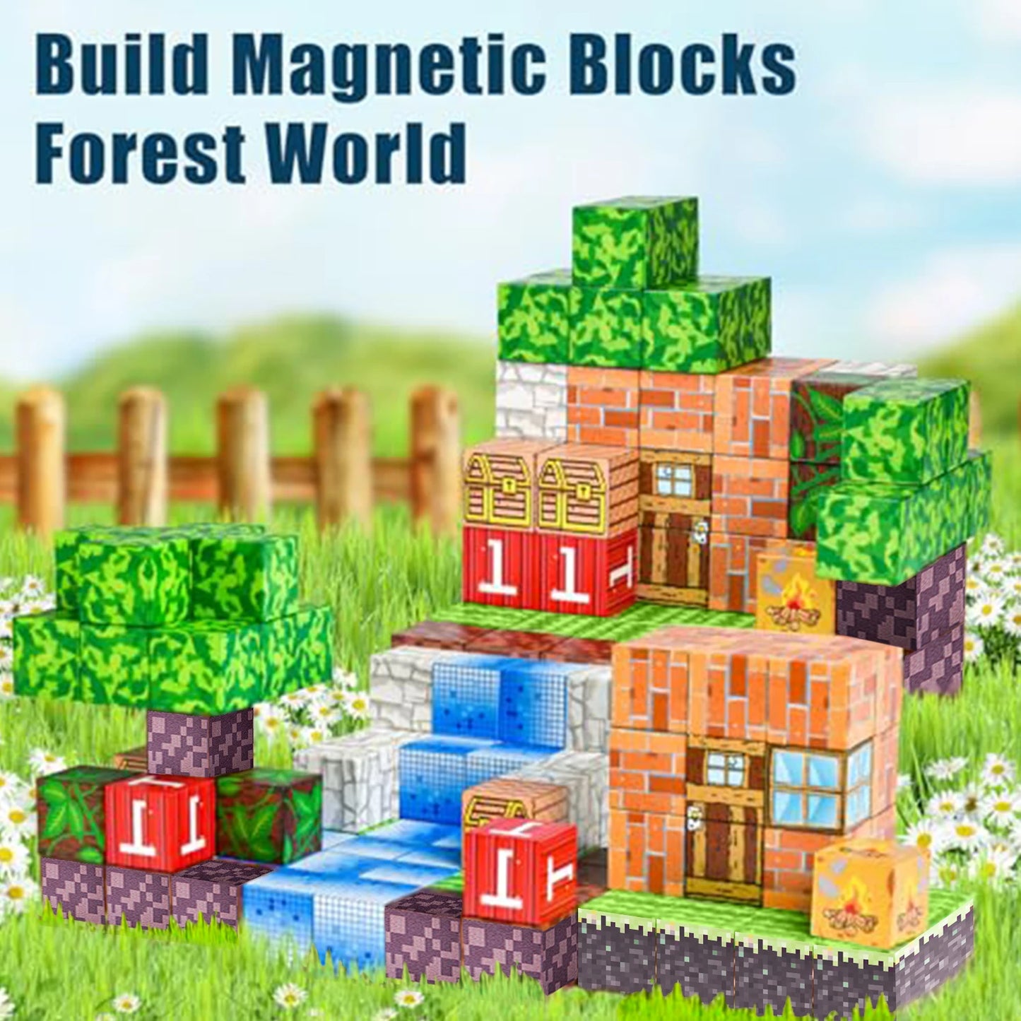 100 Piece Magnetic Block Forest Hut Toy Set For Kids 3 Up