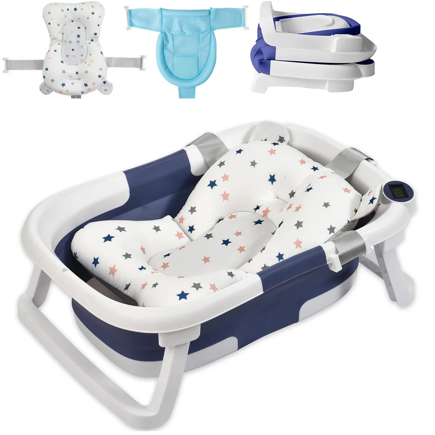 Baby Bath Tub with Bath Cushion Foldable Bathtub with Thermometer Shower Cap and Shower Brush for Newborn and Toddler 0 to 36 Months