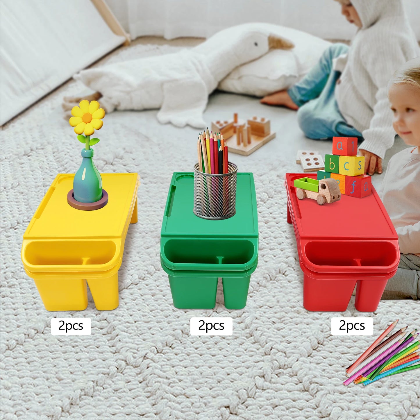 6 Pcs Red Green Yellow Kids Lap Table With Side Storage