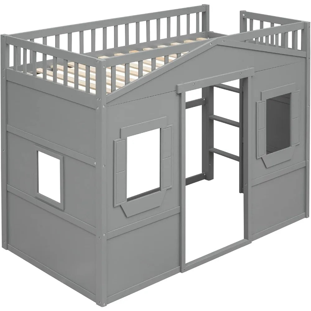 Twin Size Loft Bed With Play House And Ladders For Kids