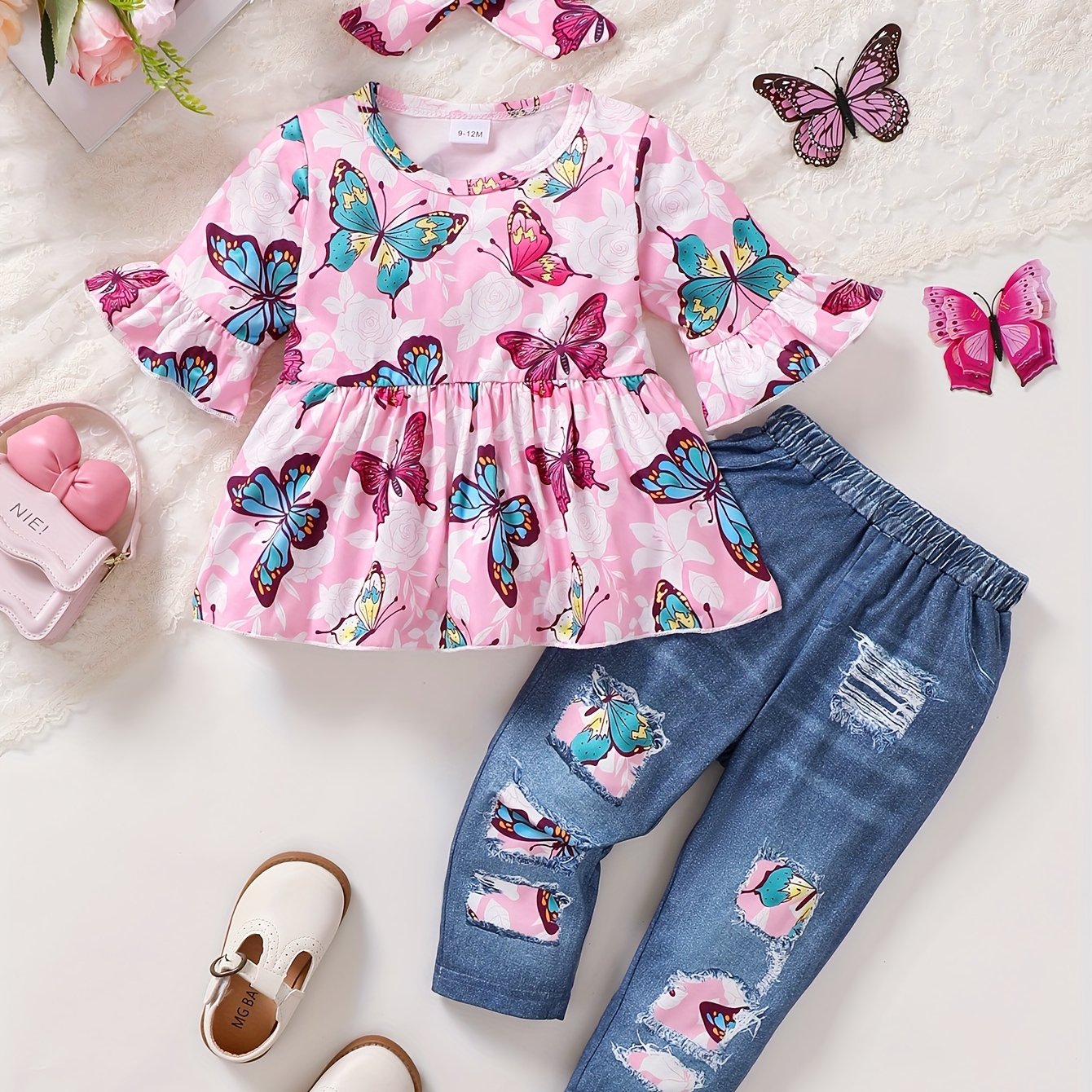 Toddler Baby Girl Winter Outfits Cute Butterfly Top And Jeans Set