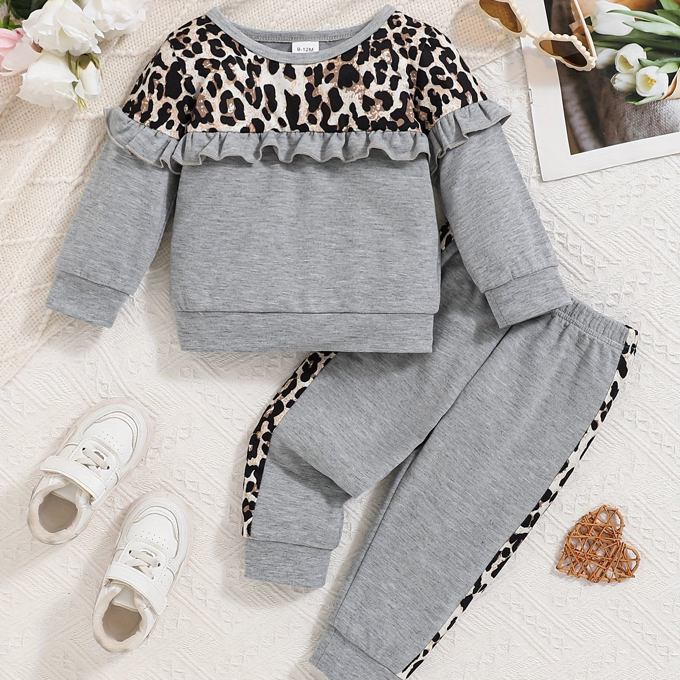 Girls Cozy Leopard Print Hoodie Set With Ruffle Sleeves