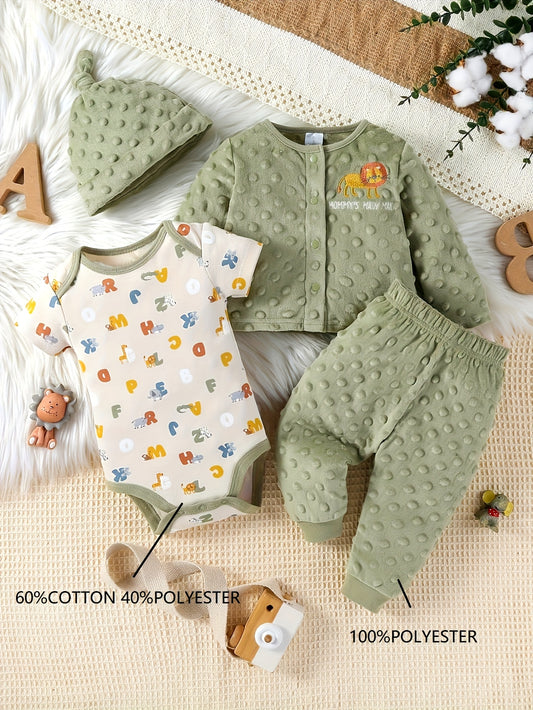 Cartoon Lion Jumpsuit Four Piece Baby Boy Autumn Winter Set