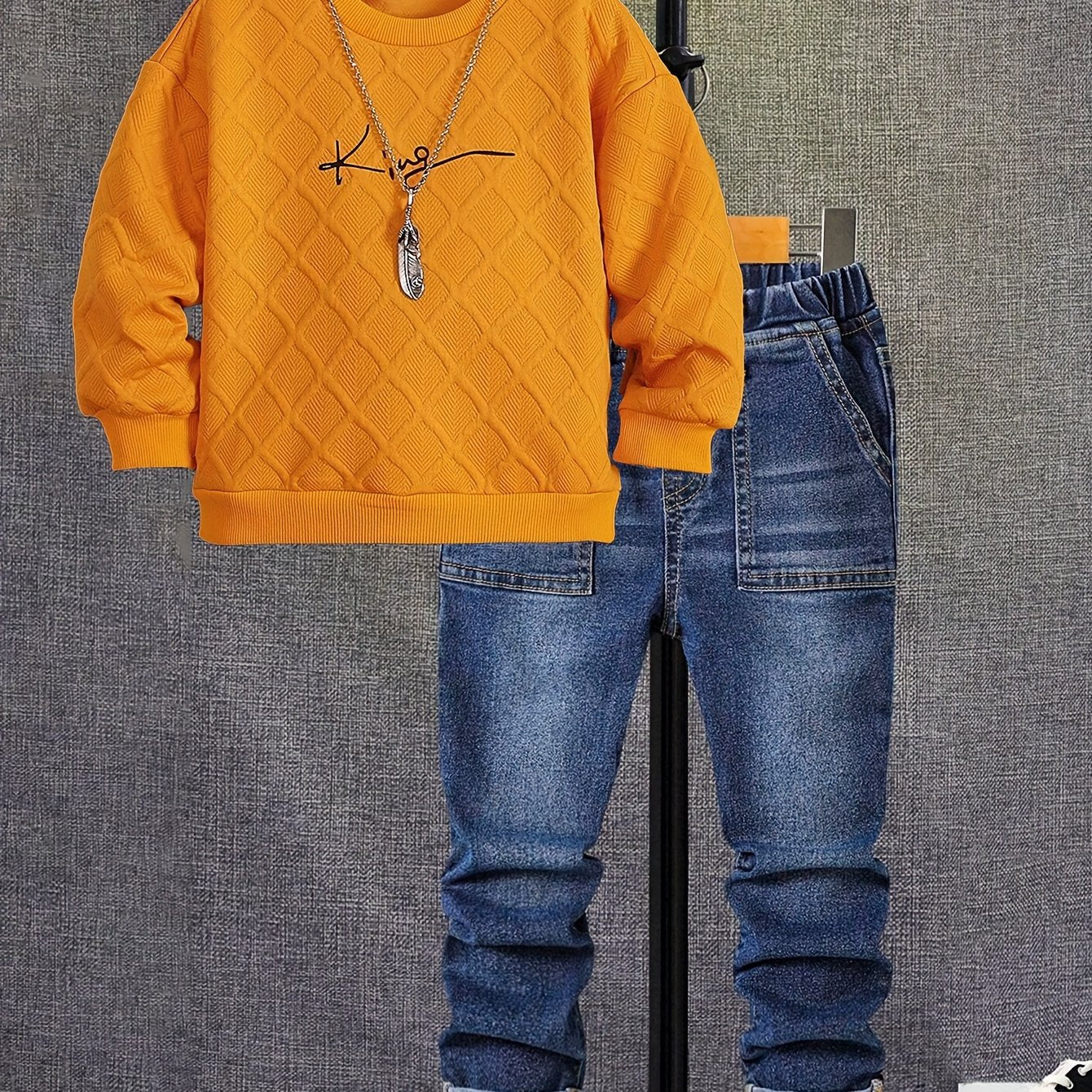 Boys Long Sleeve Orange Round Neck Sweatshirt Two Piece Set