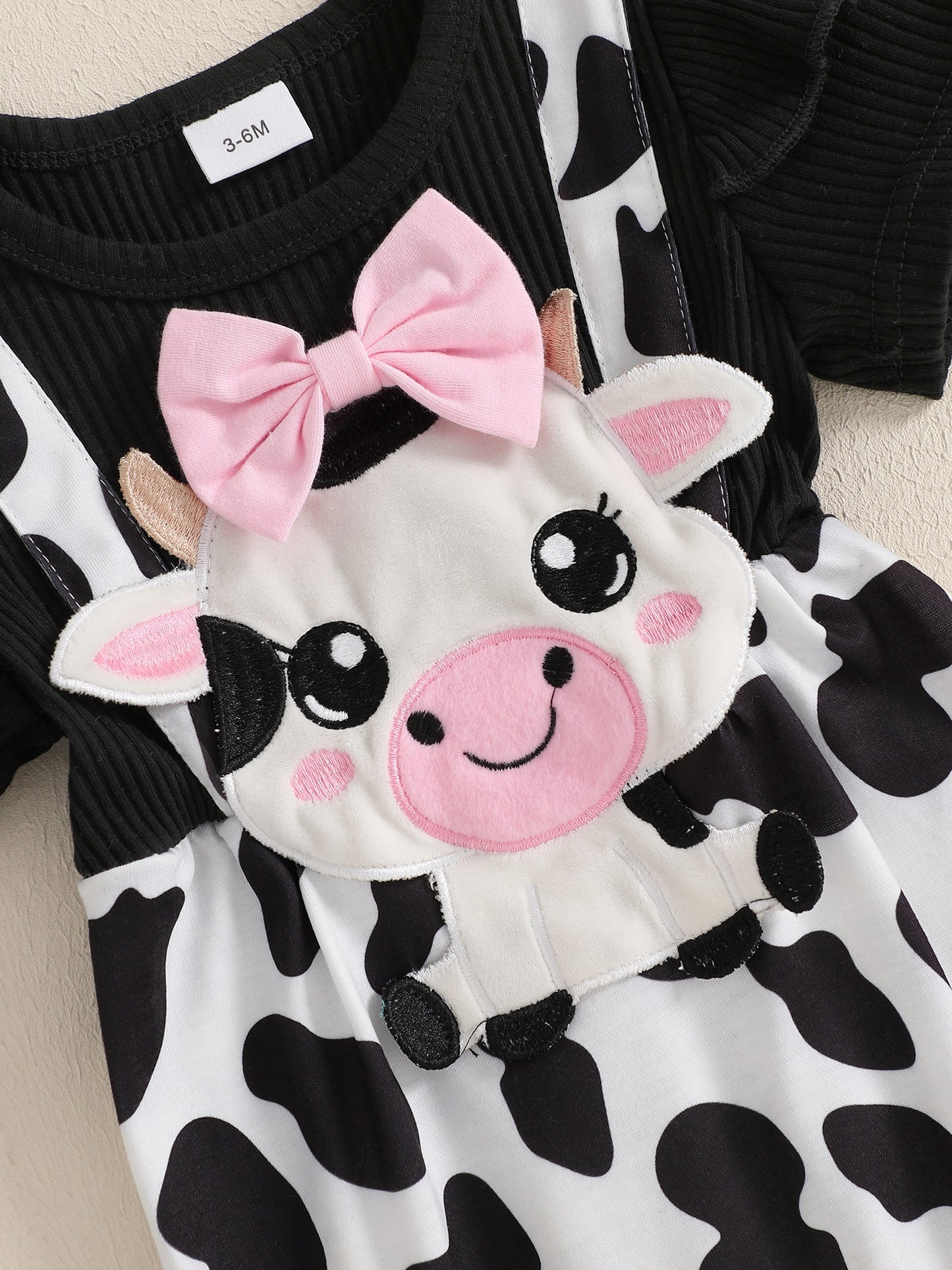 Baby Girl 2pcs Spring Outfit Short Sleeve Round Neck Cow Embroidery Jumpsuit with Headband Set Newborn Clothes for Outdoor