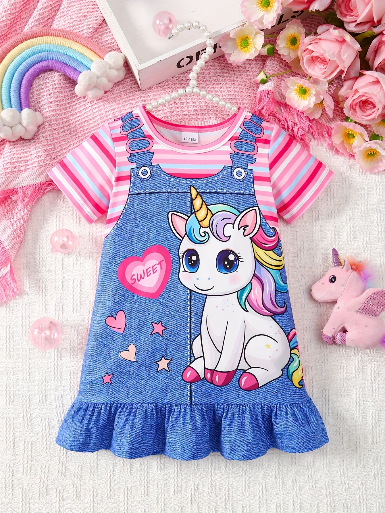 Baby Girl Summer Casual Dress Adorable Unicorn and Heart Print Striped Sleeves Imitation Denim Shoulder Straps Flared Ruffled Hem Machine Washable Lightweight Playwear