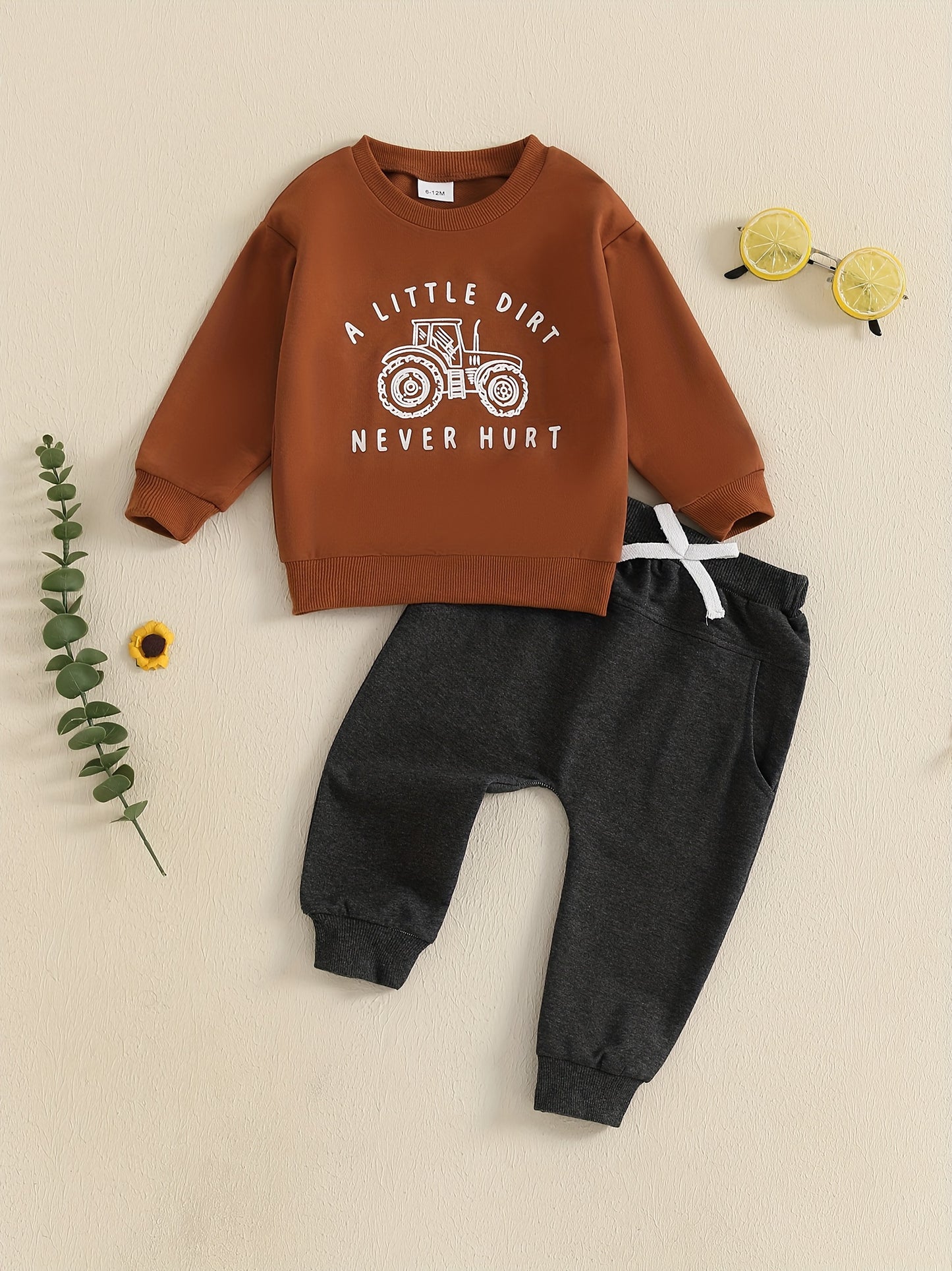 Cotton Blend Boys Outfit Set Tractor Print Sweatshirt Pants