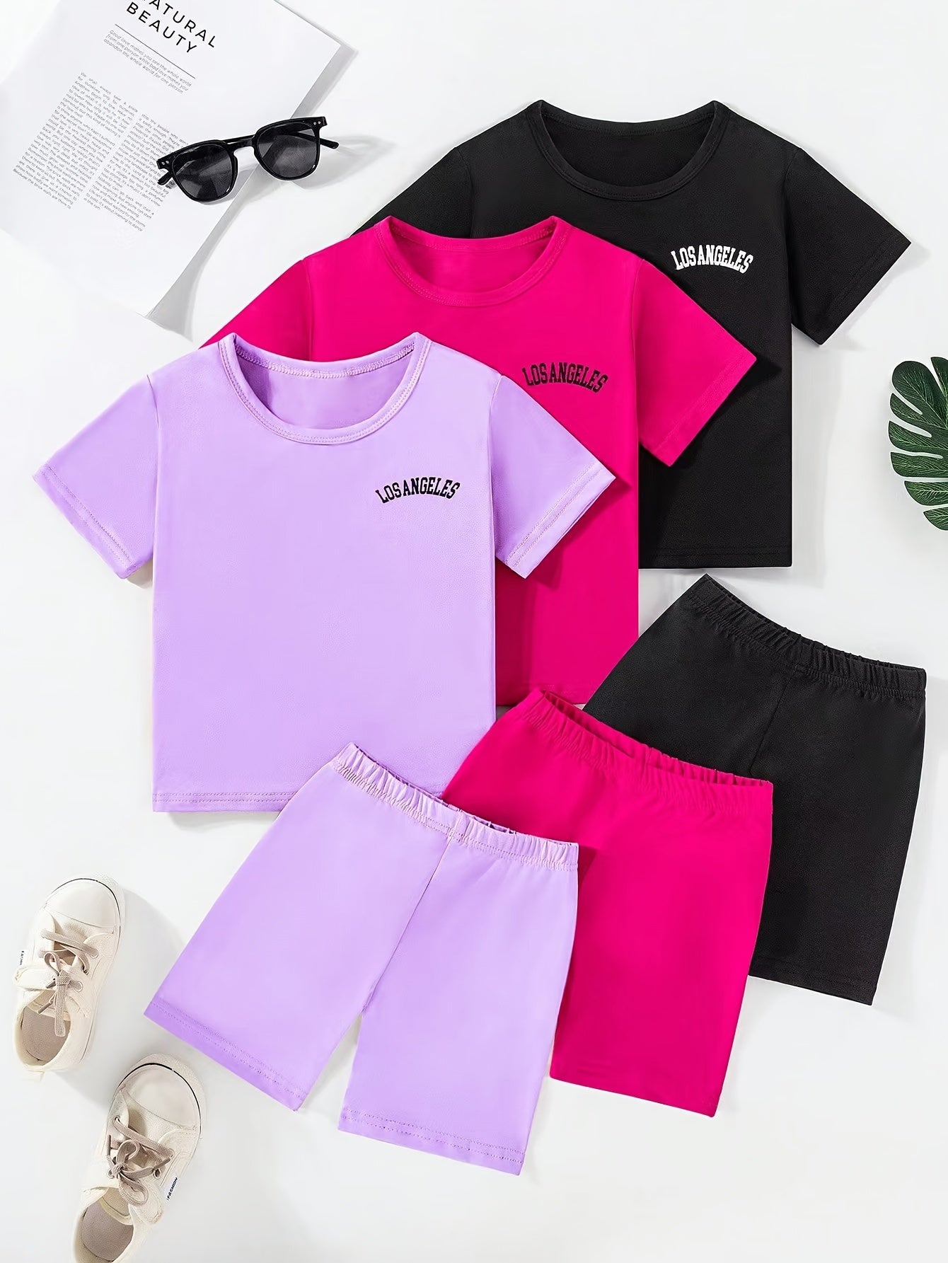3 Sets Toddler Girls Outfits Los Angeles Letter Print Short Sleeve T Shirt Tops Casual Shorts Set Comfy Versatile Summer Sets