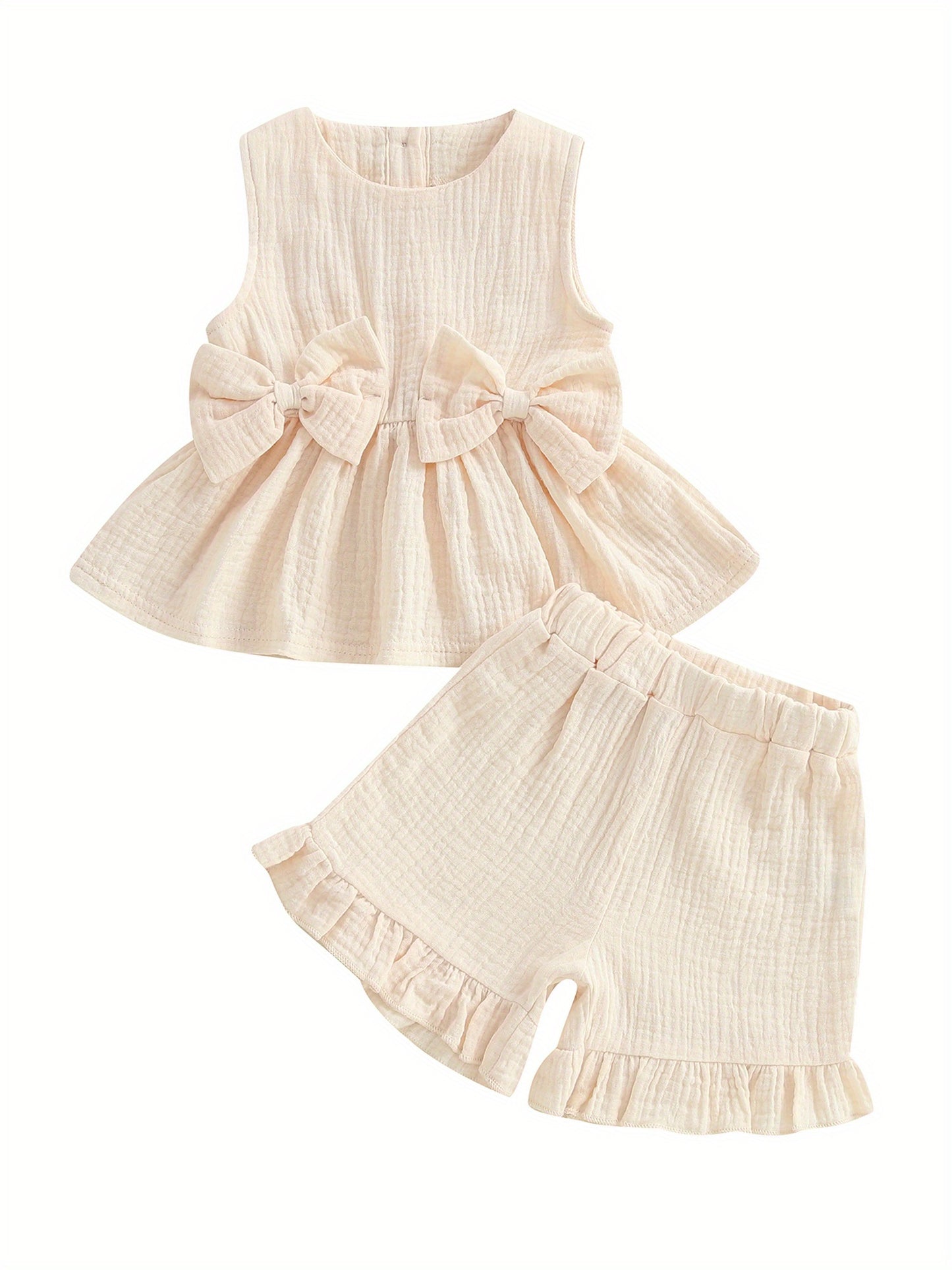 Toddler Girl Summer Clothes Solid Color Bow Round Neck Tank Tops and Elastic Waist Ruffled Shorts 2 Piece Set for Outdoor Activities
