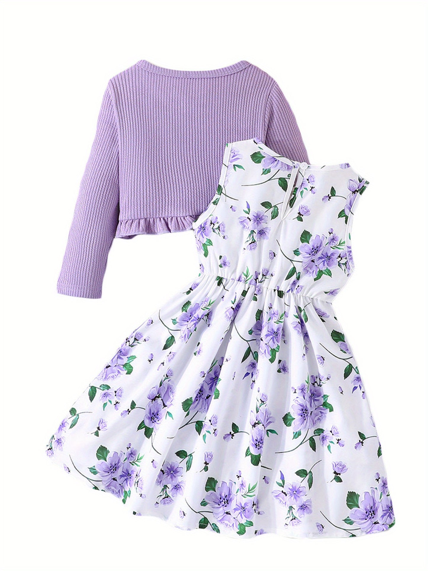 Girl Dress Set Floral Print Round Neck Bow A-Line Tank Dress with Ruffled Ribbed Cardigan
