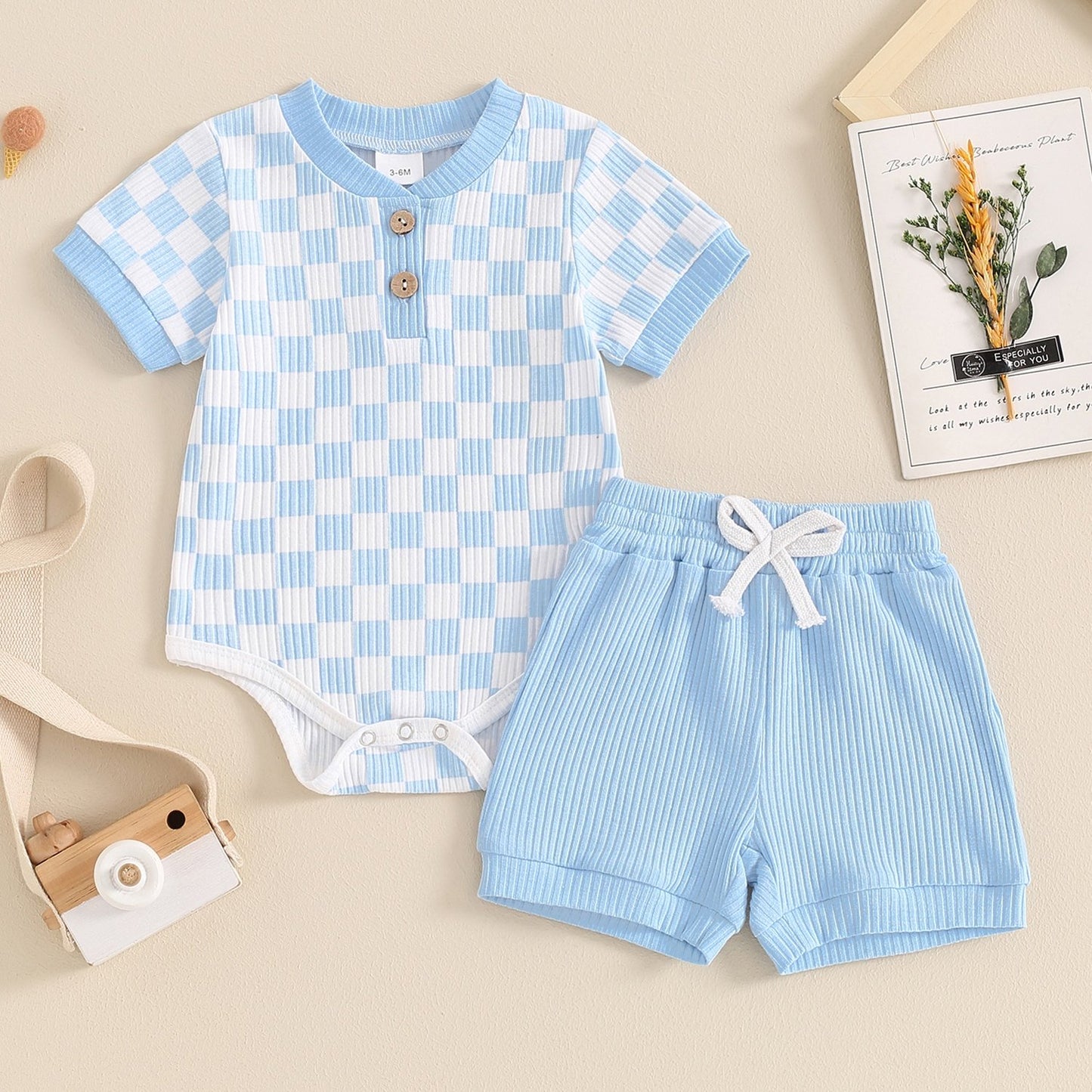 Baby Boys Summer Outfits Checkerboard Buttons Short Sleeve Romper And Shorts 2pcs Clothes Set For Outdoor