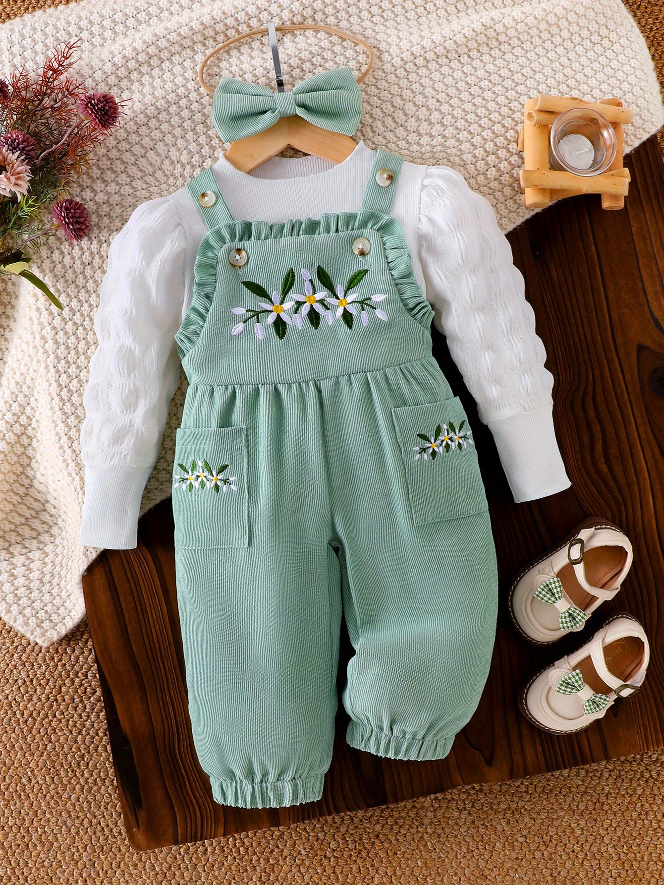 Baby Girl Floral Embroidered Romper Set Mint Green White