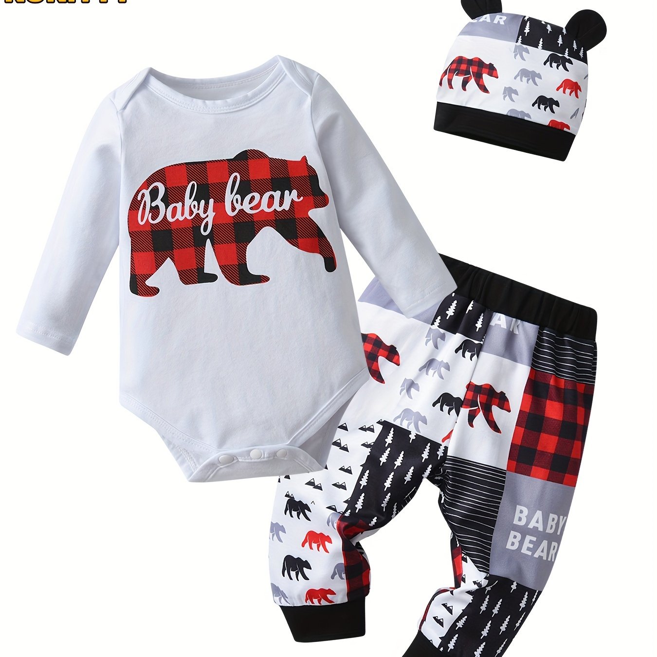KuKitty Newborn Baby Boy Red Plaid Long Sleeve Outfit Set with Bear Pattern Bodysuit Pants and Hat for Outdoor Use
