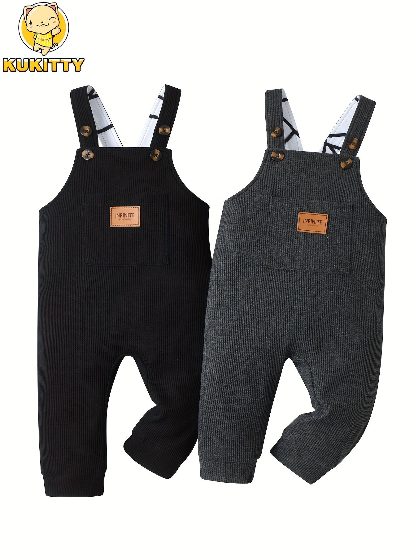 KuKitty 2Pcs Infant Baby Boy Overalls Solid Color Pocket Suspender Pants Jumpsuit