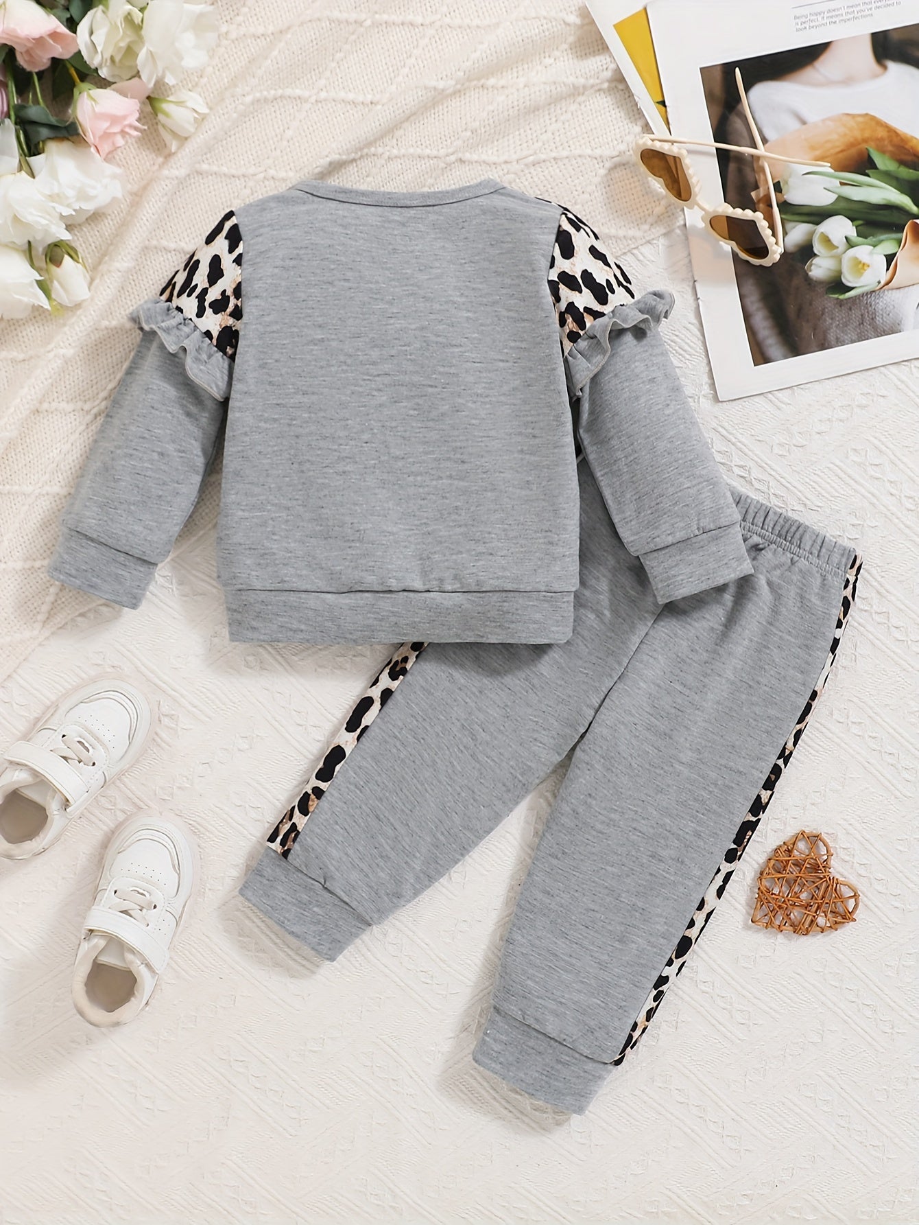 Girls Cozy Leopard Print Hoodie Set With Ruffle Sleeves