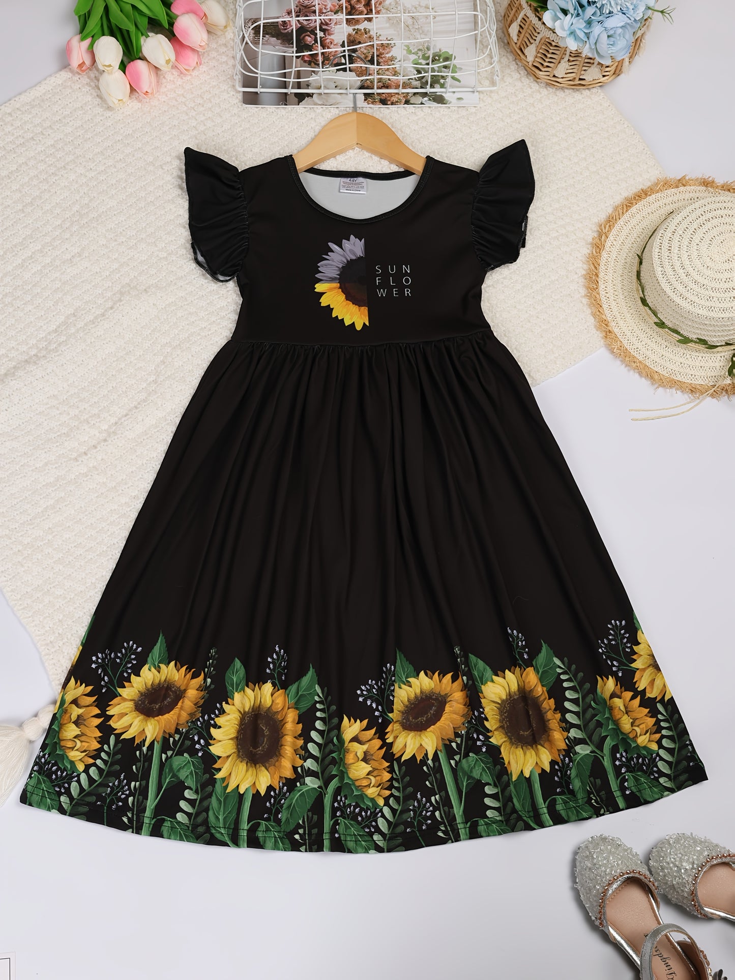 Girls Summer Sunflower Print Dress with Ruffled Sleeves Black and Yellow Floral Pattern Casual Crew Neck Mid Calf Length Fitted Top and Flared Skirt Breathable Polyester Machine Washable