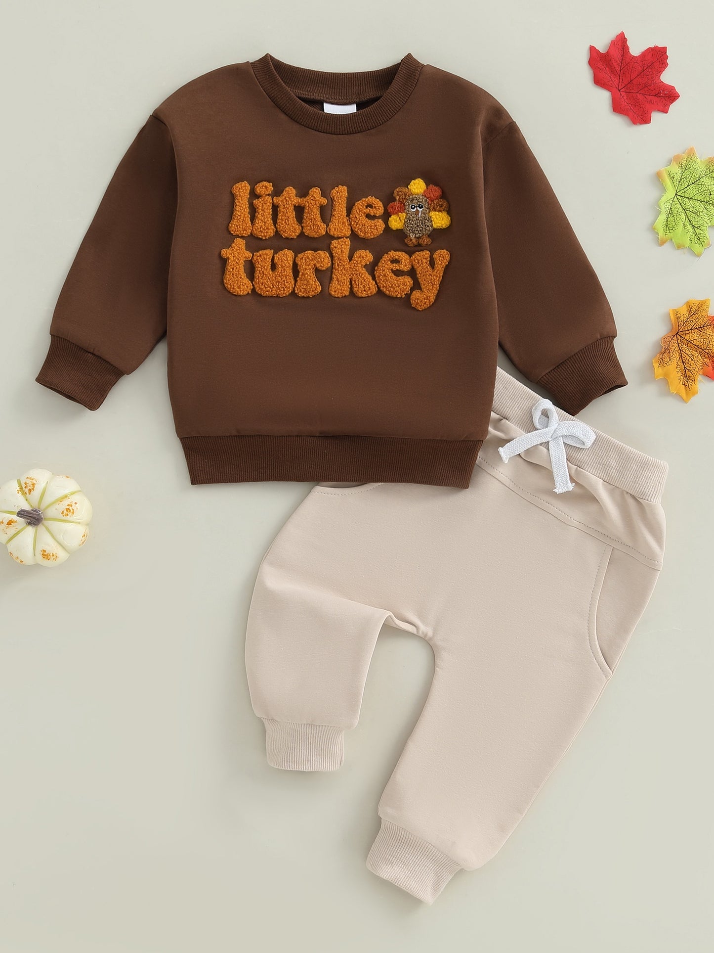 2pcs Toddler Boy Thanksgiving Outfit Set - "Little Turkey" Embroidered Long Sleeve Pullover & Elastic Waist Pants, Casual Crew Neck, Regular Fit, Spring/Fall Collection, Perfect for Thanksgiving, Thanksgiving Outfit | Playful