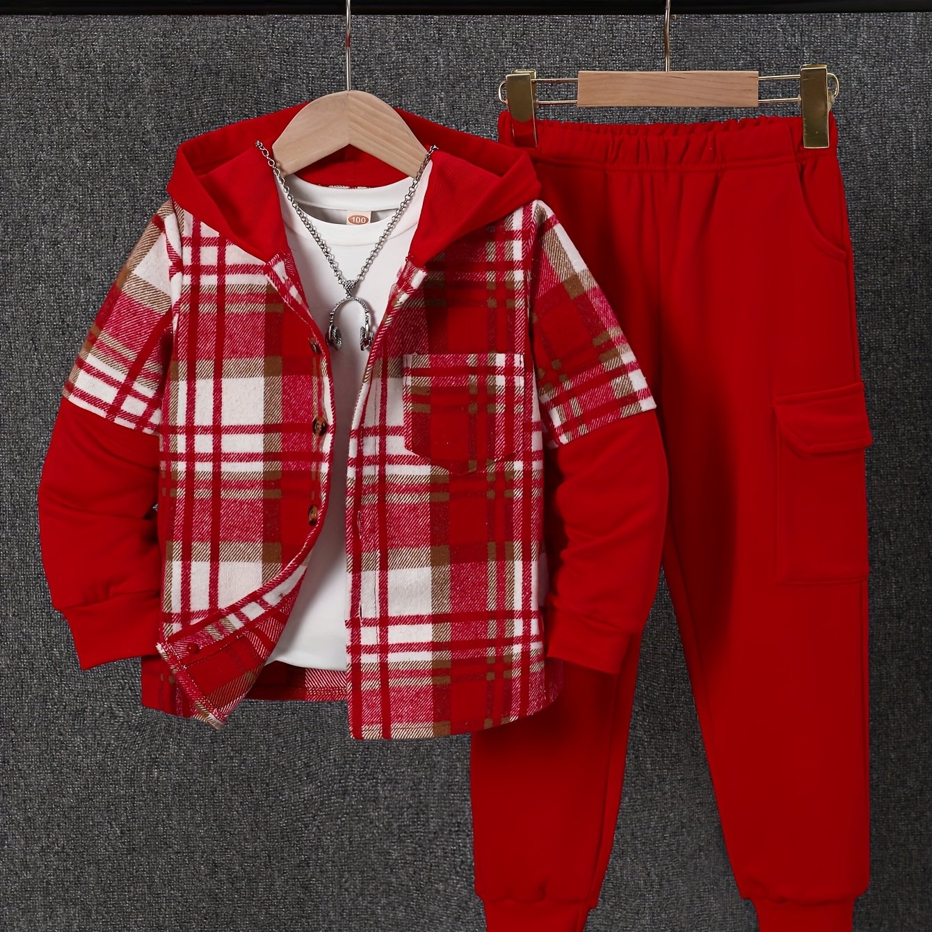 2pcs Fall And Winter Boys Long Sleeved Plaid Cardigan Suit Hooded Jacket And Fashion Work Pants
