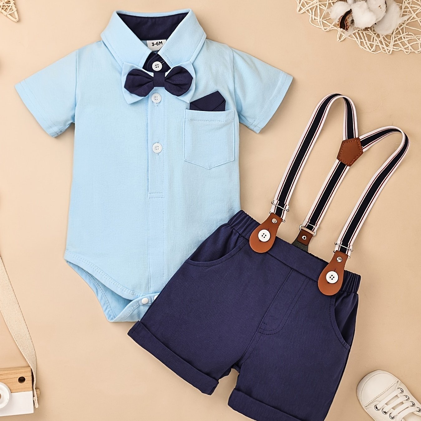 Baby Boy Clothes Infant Little Gentleman Romper Strap Pants Bowtie 3pcs Outfits 0-18 Months