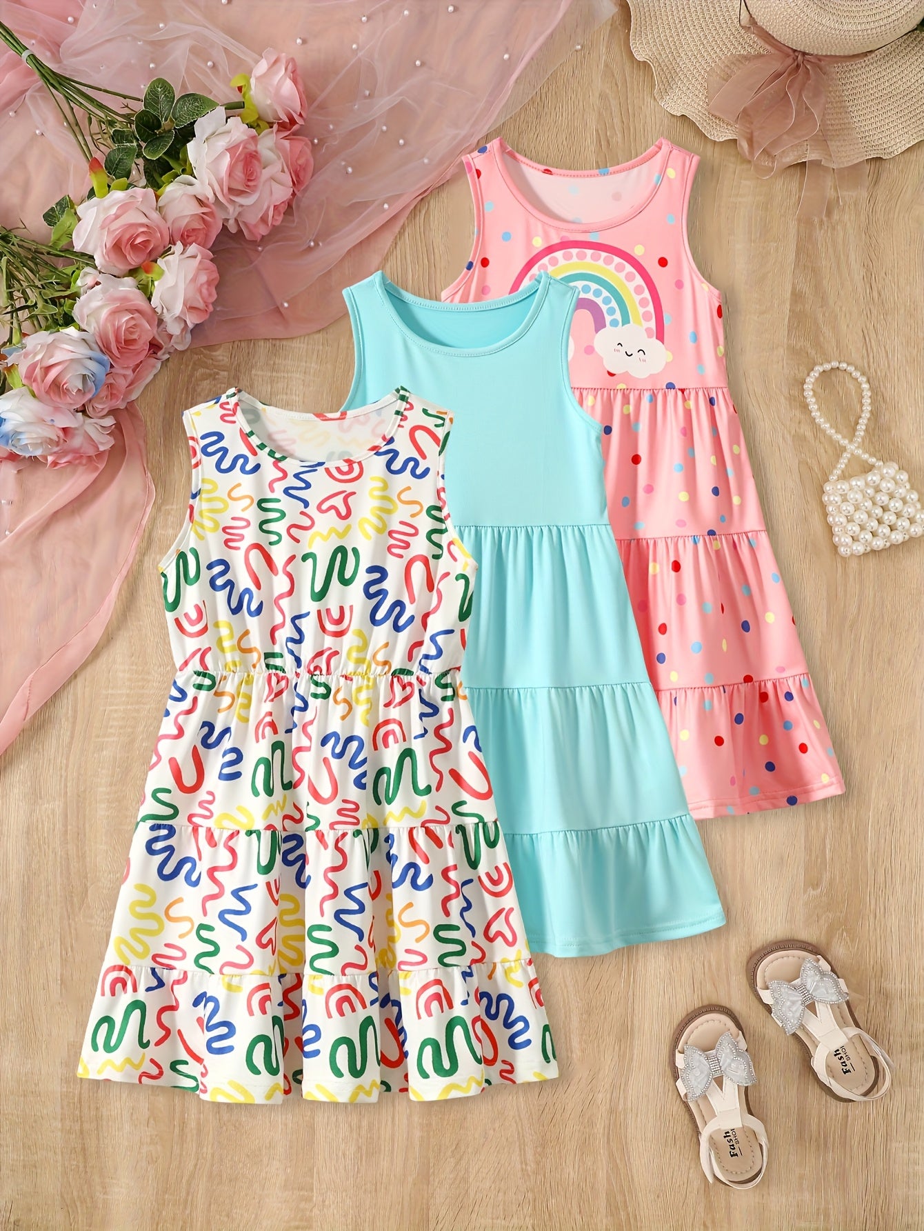 3 Pack Summer Girls Sleeveless Dresses Easter Holiday Gift Party Chic Peplum Casual Dresses for Kids