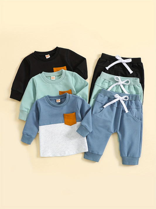 Baby Boy Clothes Spring/Fall Round Neck Long Sleeve Casual Style Solid Color Hoodie with Pockets & Elastic Waist Knit Pants Infant Versatile Set 6pcs Combination Set Toddler Boys' Clothes, Perfect for