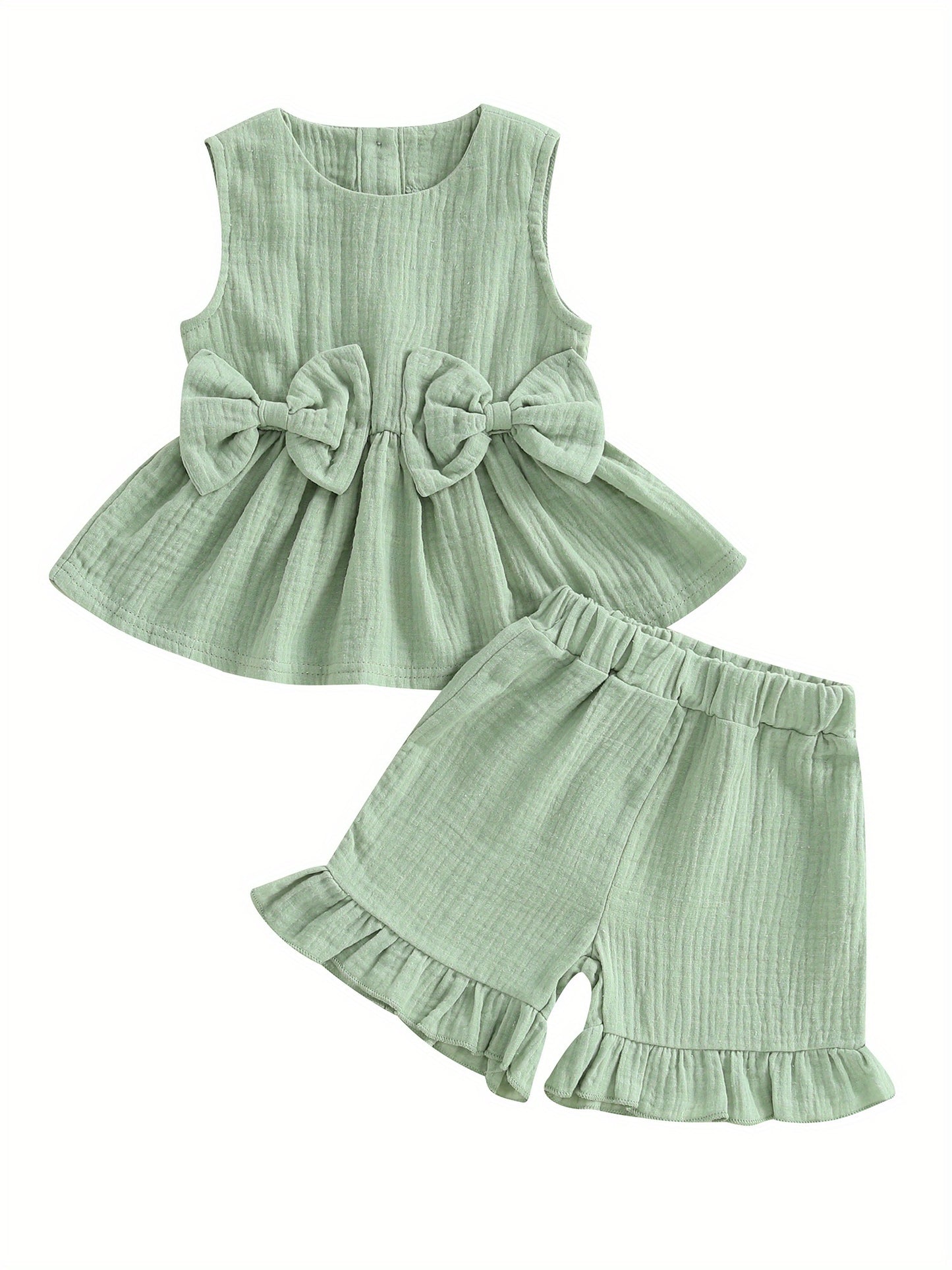 Toddler Girl Summer Clothes Solid Color Bow Round Neck Tank Tops and Elastic Waist Ruffled Shorts 2 Piece Set for Outdoor Activities