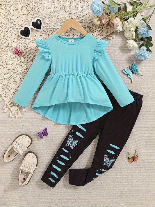 ' 2pcs Cozy Knit Outfit Set - Turquoise Blue Ruffled Collar Top & Black Butterfly Print Pants with Elastic Waist, Soft Warm Winter Clothes, Machine Washable for Fall/Winter Outdoor Play & Casual Attire, Casual Outfits for Coo