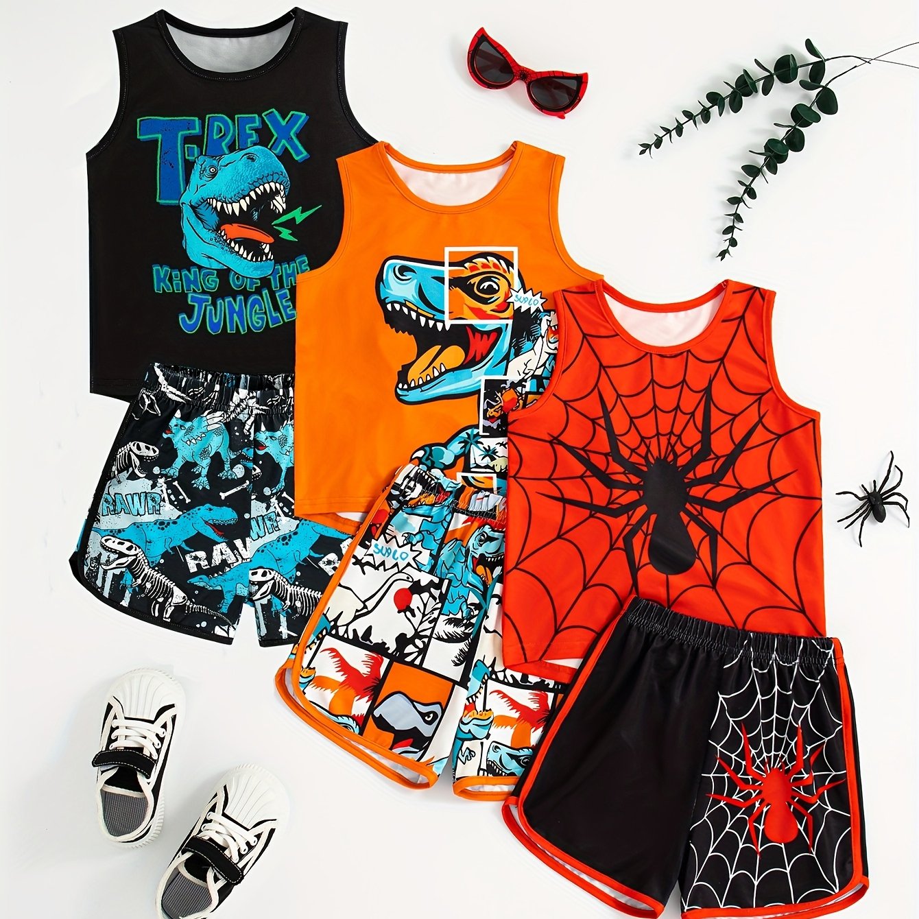 Summer New Boys Leisure Multi Suit Pattern Round Neck Vest Shorts Three Piece Set for Outdoor Wear