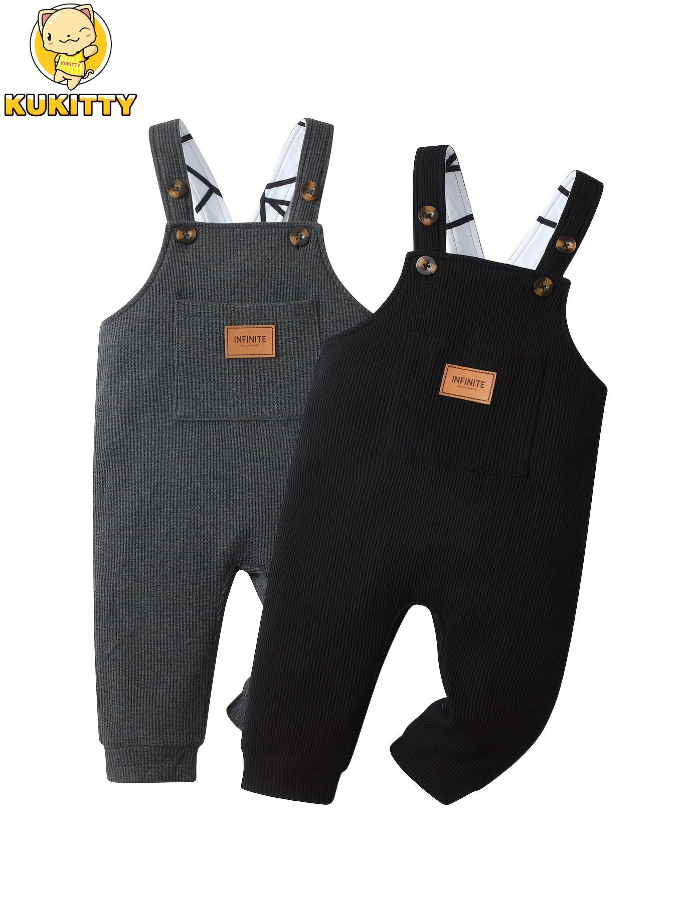 KuKitty 2Pcs Infant Baby Boy Overalls Solid Color Pocket Suspender Pants Jumpsuit