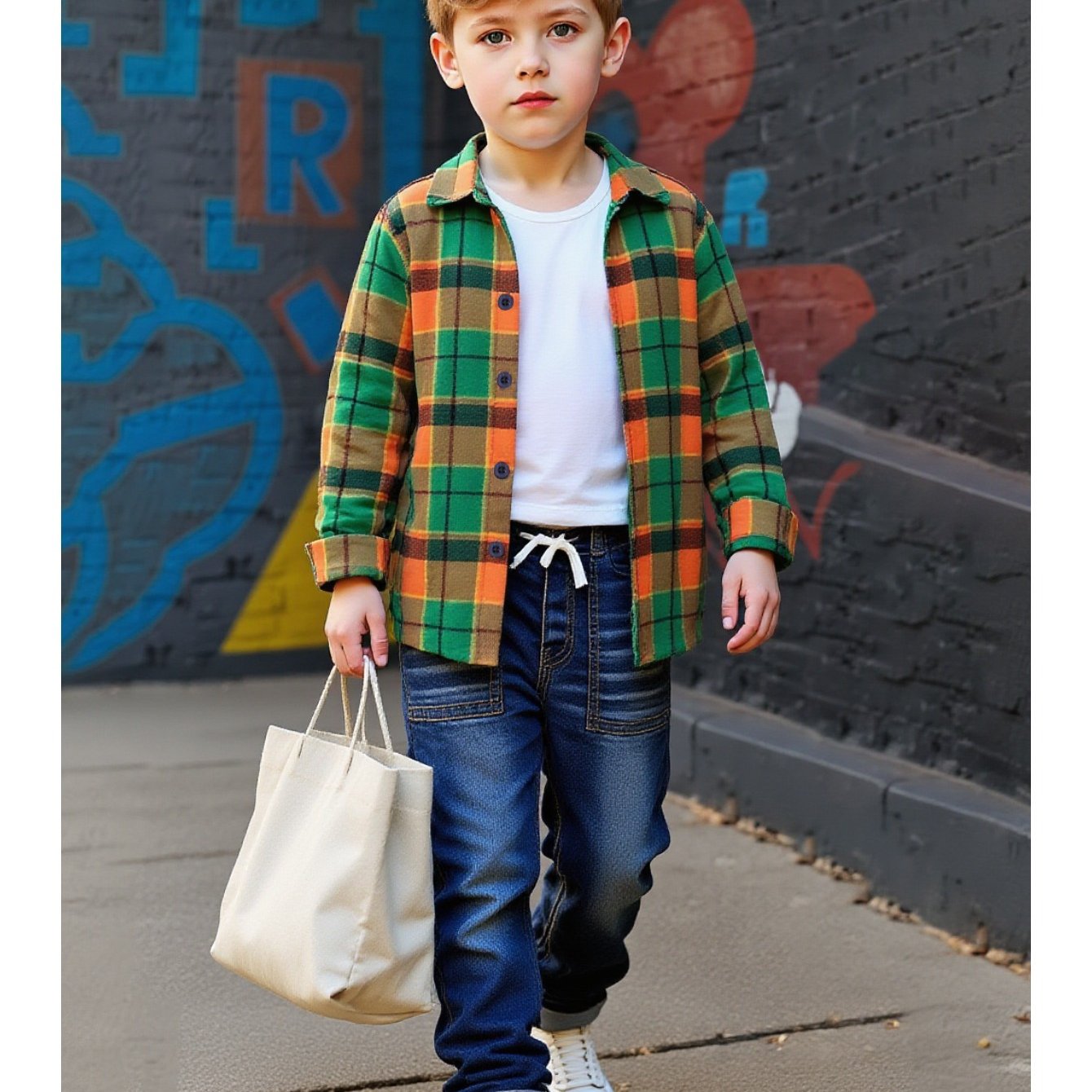 Boys Plaid Button Down Shirt And Denim Two Piece Set