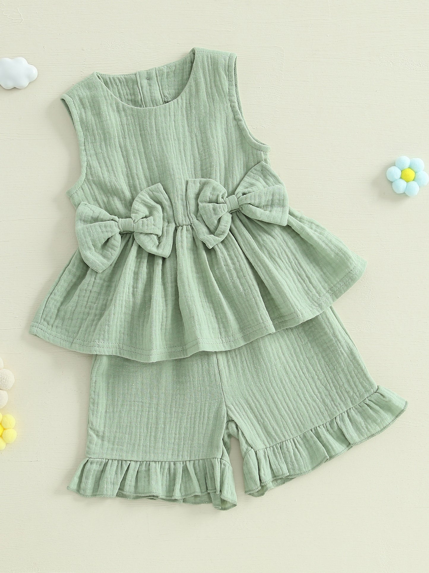 Toddler Girl Summer Clothes Solid Color Bow Round Neck Tank Tops and Elastic Waist Ruffled Shorts 2 Piece Set for Outdoor Activities