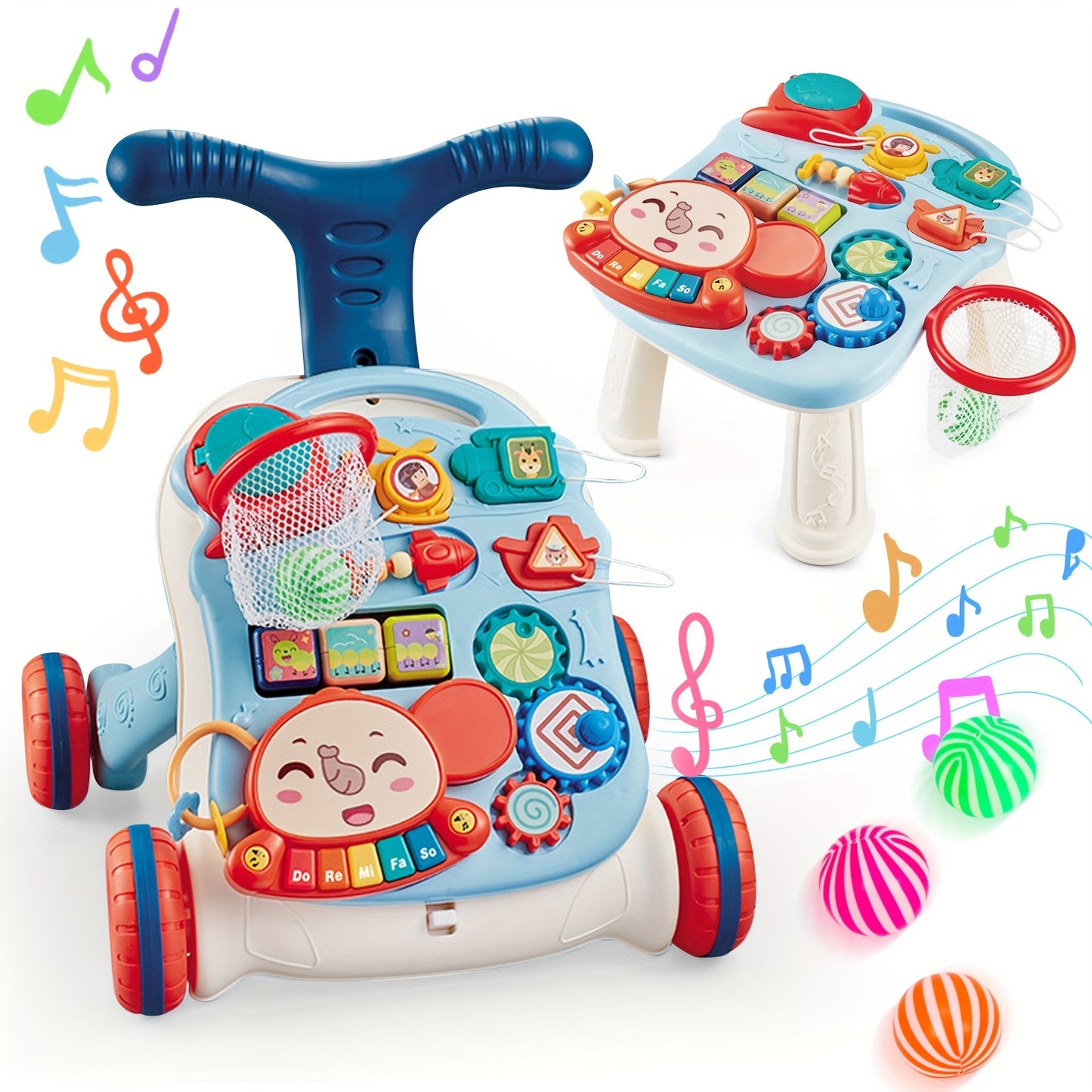 5 in 1 Baby Walker with Music Sit to Stand Early Learning Balance Bike Push Walker Movable Table Detachable Panel for Boys and Girls Ages 12 to 36 Months